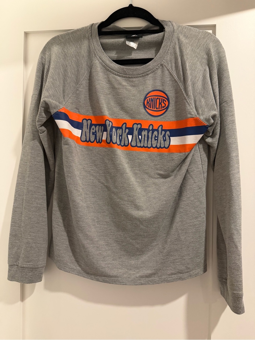 NBA New York Knicks Gray Long-Sleeve Crew with Orange & Blue Logo